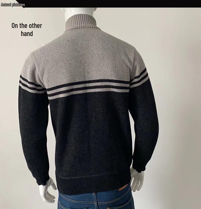 Men's Color Block Stand Collar Knitted Cardigan - Autumn/Winter Plus Velvet Long-Sleeve Sweater