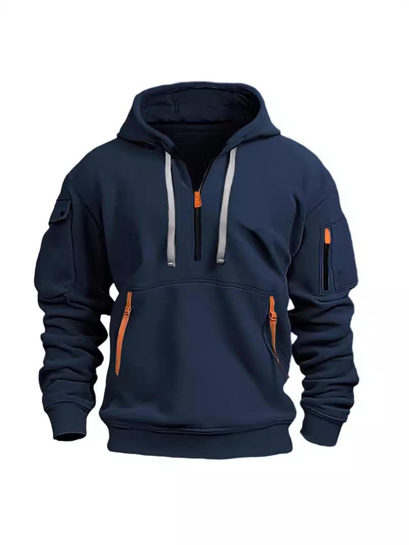 Herren Europäische Frühling/Herbst Reißverschluss Mehrere Taschen Hoodie Jacke S dunkelblau