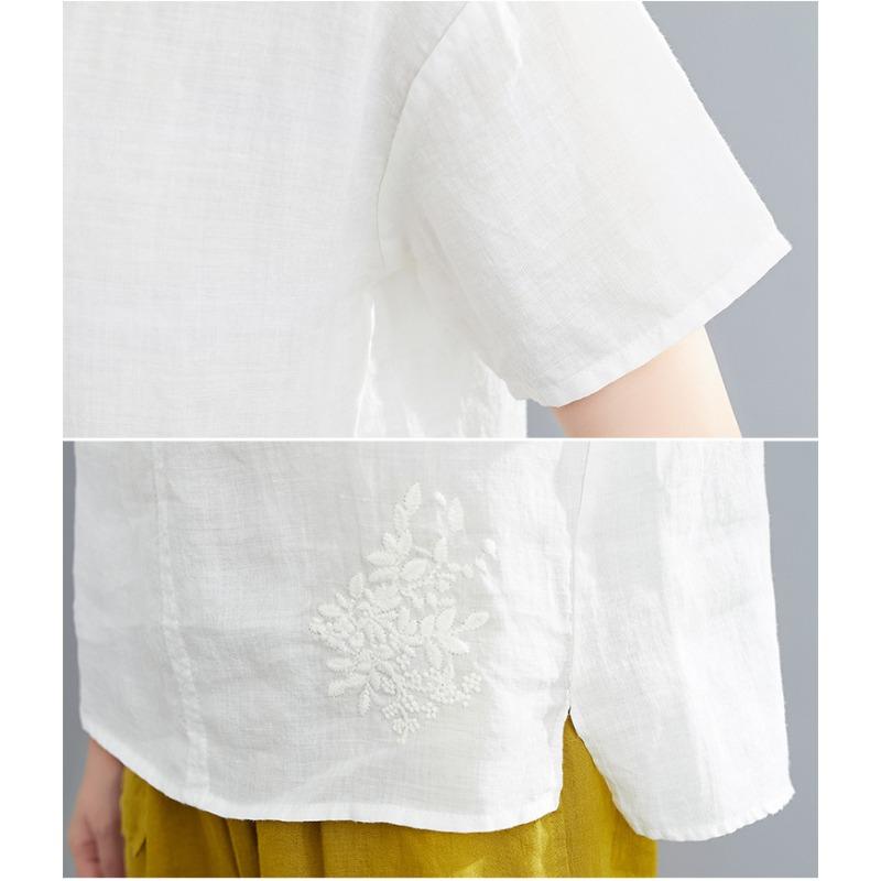 Summer Casual Loose Pure Color Cotton and Linen Embroidered Flower Top Round Neck Short Sleeve Women’s T-Shirts