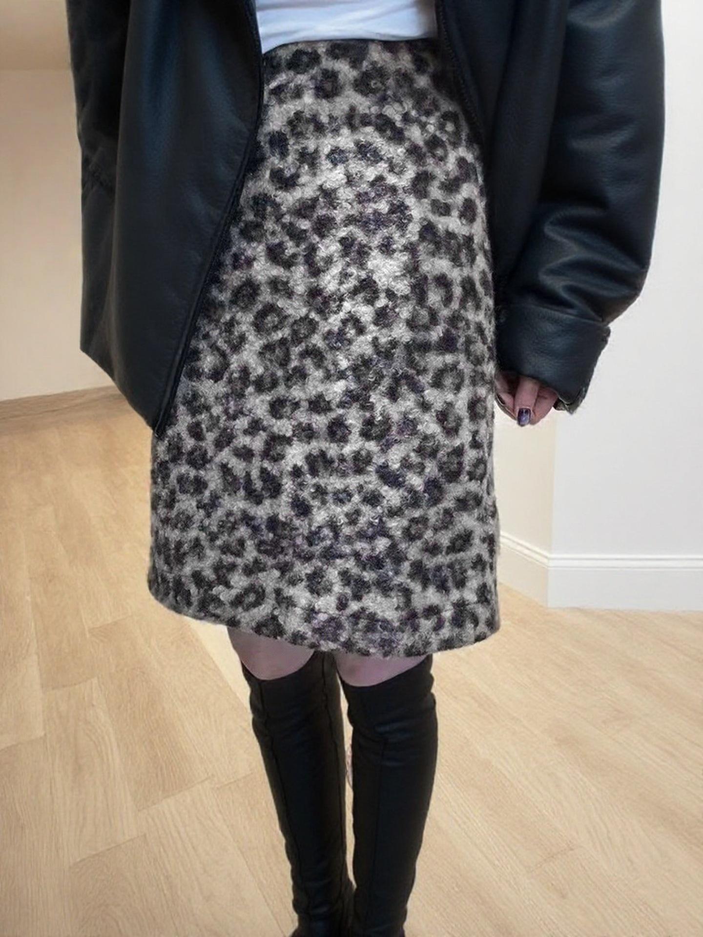 Lambswool Leopard Print A-Line Midi Skirt - High Waist, Slimming, Autumn/Winter Retro Style Large серый