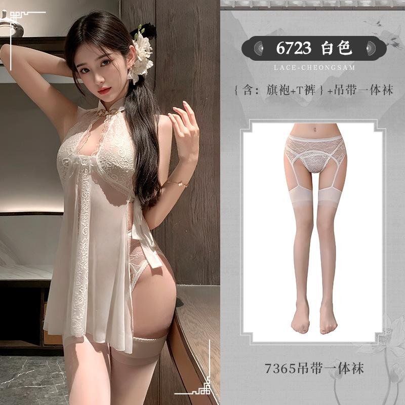 Sexy Lace New Chinese Style Cheongsam Nightdress Side See-through Slit Exposed Buttocks Dress Elegant Fashion Sexy Women P12Q