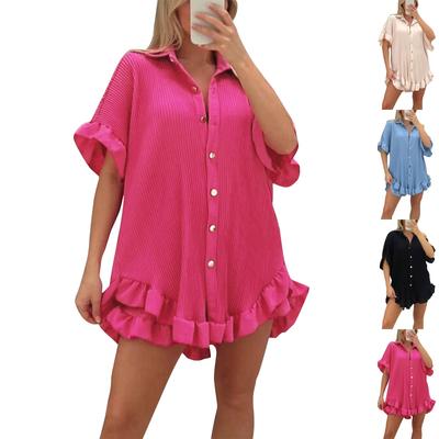 New Arrival Shorts Short-Sleeved Shirt Two-Piece Suit Ladies Loose Wind Pleated Ruffled Casual Suit