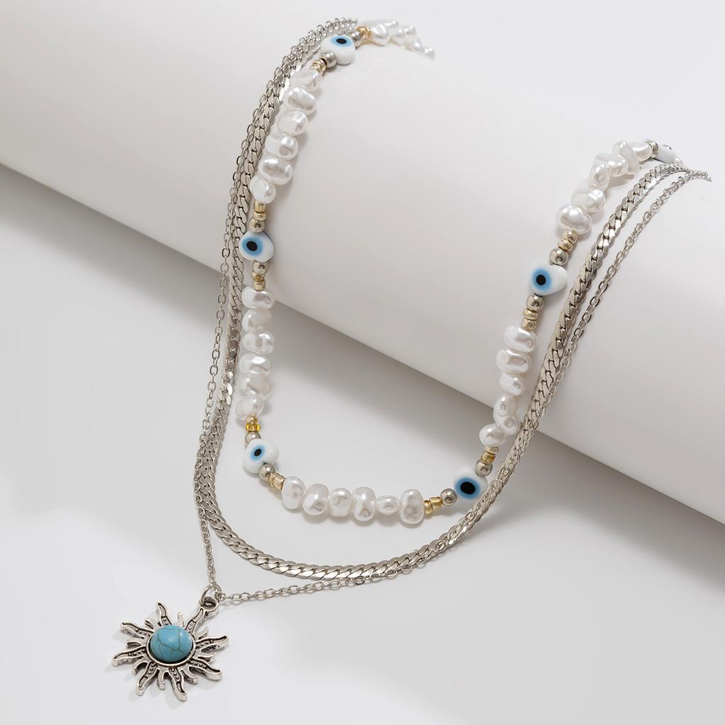 Kurze Retro Teufelsauge Halskette, Sonnenanhänger unregelmäßige Perle mehrlagige Halskette