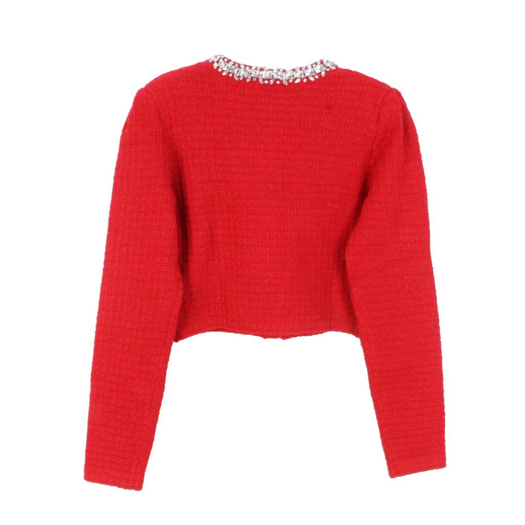 Elegant French-style Cardigan & Short Skirt Set with Red Diamond Accents