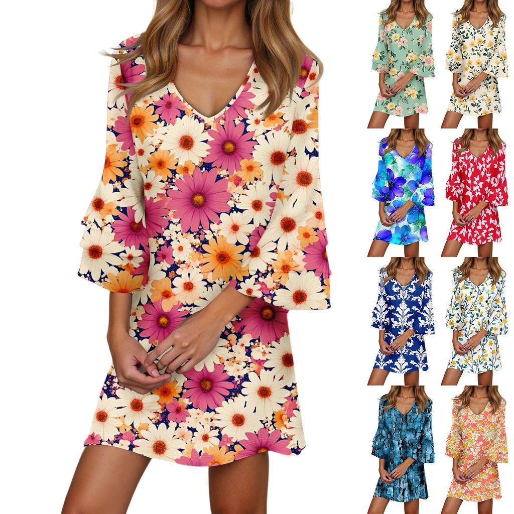 Women's Casual Fashion Floral Print V-Neck Loose 3/4 Sleeve Dress