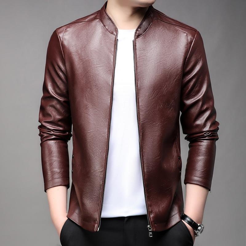 Men's locomotive PU leather jacket men's leather jacket spring new thin coat solid color stand-up collar slim leather jacket men