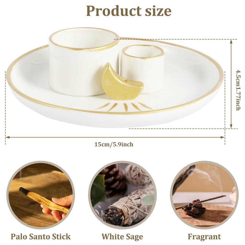 Incense and Candle Holder for Burning Sage, Palo Santo, Incense Sticks Ceramic Ash Catcher Tray for Meditation Room Ramadan Home