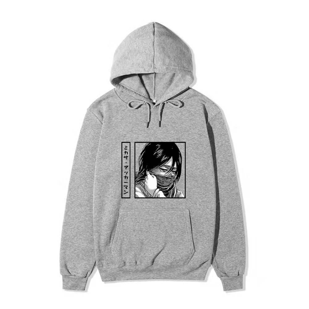 Unisex Attack on Titan Mikasa Ackerman Hoodie, Black White Manga Graphic Print Long Sleeve Pullover Hooded Sweatshirt Streetwear