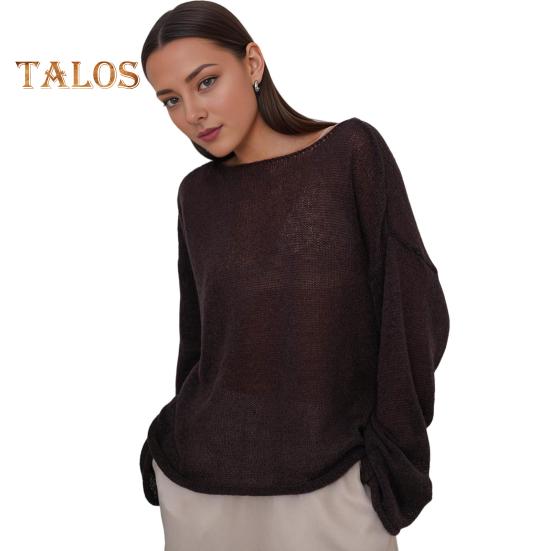 Women Knitting T-shirt Round Neck Flared Long Sleeve Hollow Tee Shirt Solid Color Loose Fit See-through Thin Knitting Tops