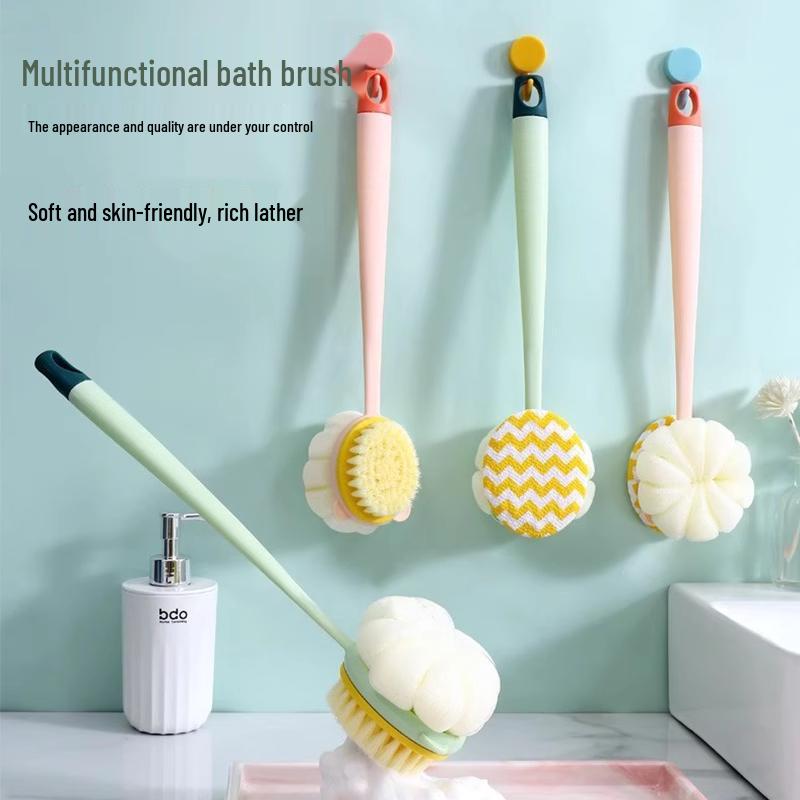 Double-Sided Long Handle Shower Brush with Soft Bristles and Mud Scraper