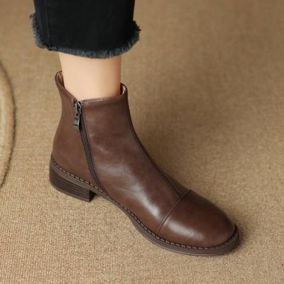 Karvės oda Žieminiai apvalūs batai su aukštakulniais madingi batai moteriški užtrauktuku Retro Elegantiški moteriški kulkšnies batai