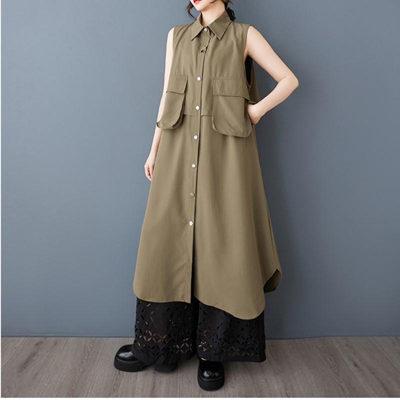 

Без рукавов Большие размеры хлопок винтажные новые платья для женщин повседневное свободное длинное летнее платье-рубашка хаки