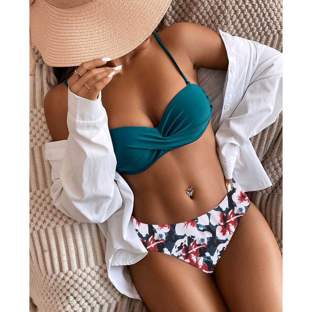 Swimsuit Women Hard Clad Steel Split Swimwear Halter Neck High Waist Sexy Leopard Bikini Sets