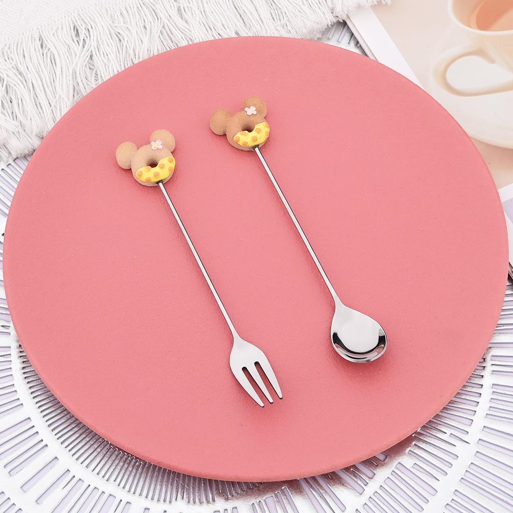 Cute Donut Mickey Ear Dessert Cutlery Set 2Pcs, Stainless Steel Long Handle Dessert Fork & Spoon for Cake Ice Cream Coffee, Kawaii Tableware Gift
