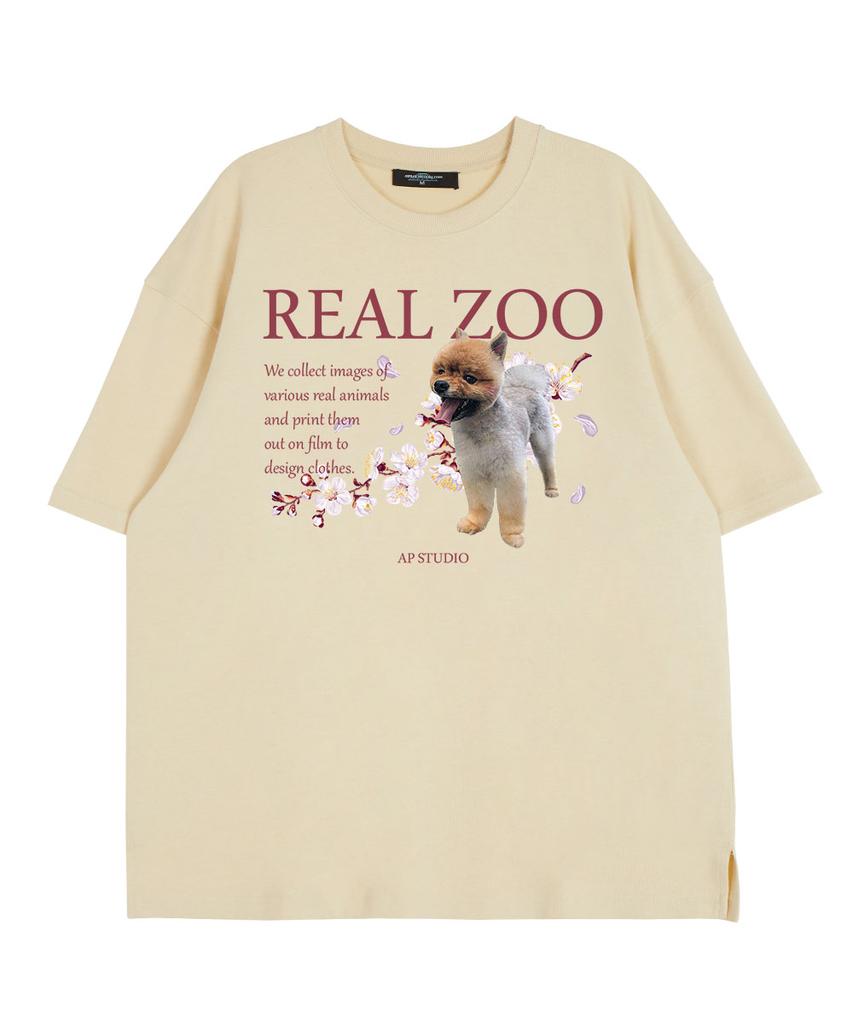 ASTRAL PROJECTION Realju Flower Pomeranian Round Neck 15-Count Cotton Short Sleeve T-Shirt_Butter
