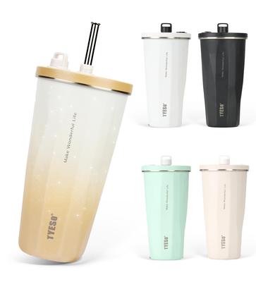 [Social Media Trend] TYESO Becher mit Strohhalm, 470 ml, Edelstahl, mit Deckel, Vakuumisoliert, Hält Getränke heiß oder kalt, Tragbar, Direkt
