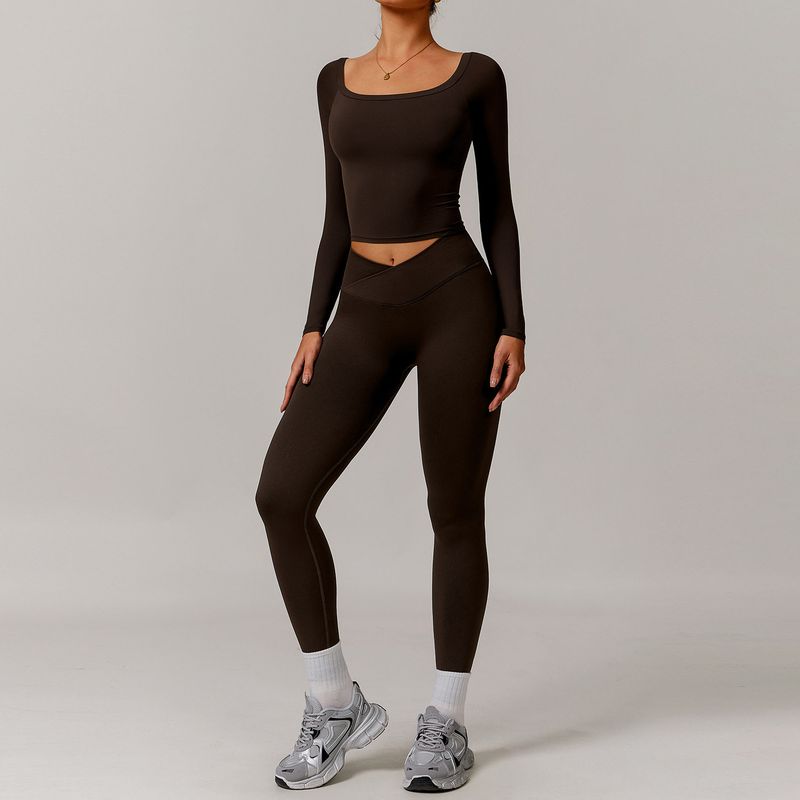 Fashion Nude Feel Brushed Yoga Clothes Suit Women's Big Neckline off-Shoulder Long Sleeves Tight Sports Fitness Pant Belt Chest Pad