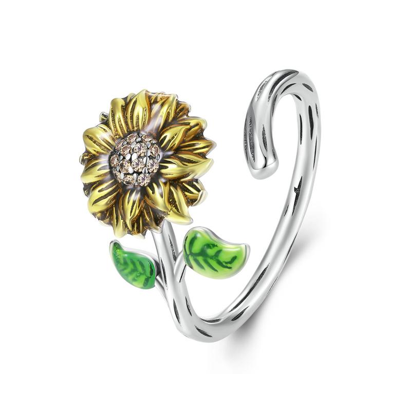 WOSTU Classical Sunflower Opening Rings For Women 925 Sterling Silver Oil Painting Flower Zircon Statement Ring Party Gift R934