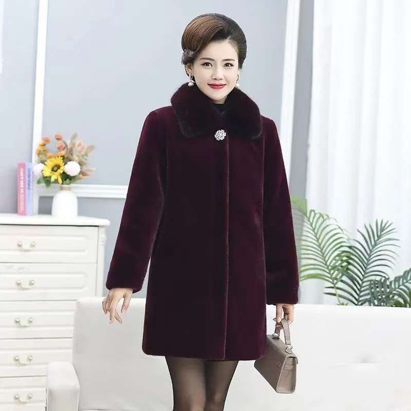 Winter Thickened Mink Velvet Coat Middle-Length Women's Outerwear Fur Collar Jacket Mid-Aged Ladies Fashion Outerwear