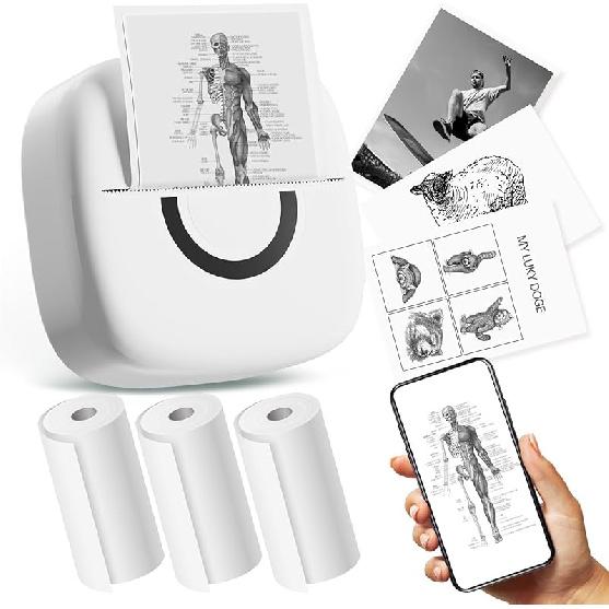 Mini Printer Sticker Thermal Printer with 3 Rolls Paper, Bluetooth Portable Phone Print Pods,Study Sticker Maker for Pictures, Photos, Journals, DIY,