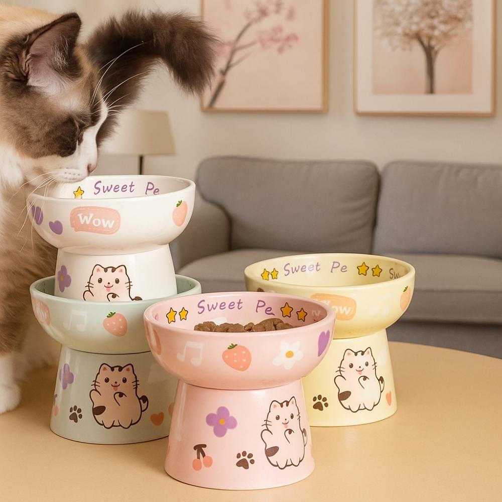 Ceramic Cat Bowl Anti Tipping Dog Food Feeding Basin Pet Drinking Feeder  Neck Protection