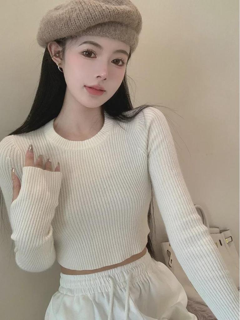 Black Long-Sleeve Cropped Knit Sweater for Women - 2023 Slim Fit Autumn/Winter Top