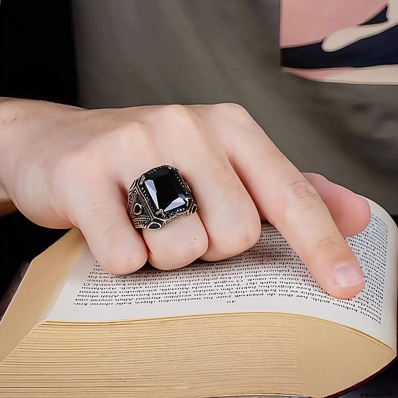 Retro Handmade Turkish Signet Rings For Men Ancient Silver Color Carved Eagle Ring Black Zircon Inlay New Punk Motor Biker Ring