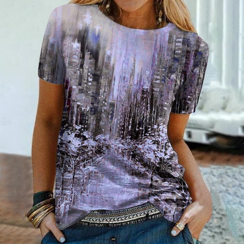 Printed T-shirt Painting Round Neck Women's Short Sleeved Casual T-shirts Vintage Top