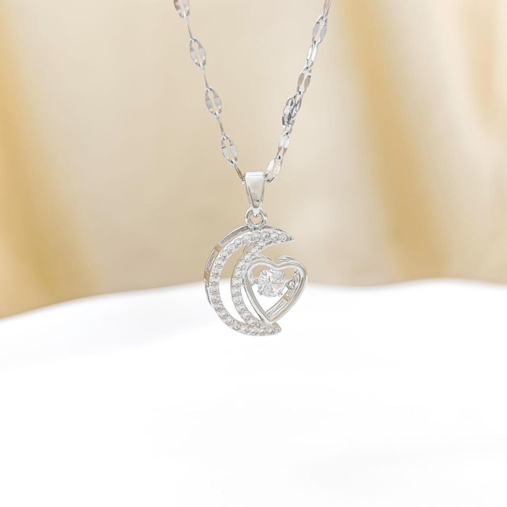 Titanium Steel Moon and Heart Zircon Pendant Necklace for Women