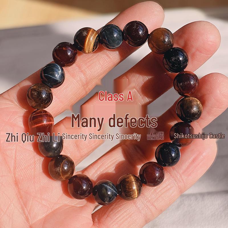 Pulseira de Olho de Tigre Tricolor e Pedra Olho de Águia para Homens e Mulheres, Pedras Naturais Vermelhas, Amarelas e Azuis de 8-14mm com Cristal de Madeira.