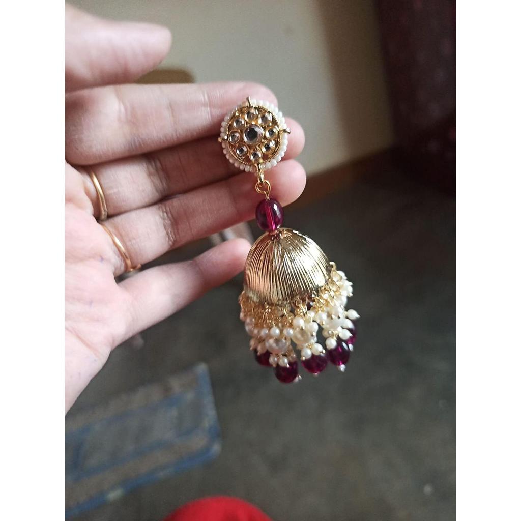 Wine Beads Drop Traditional Kundan Yellow Gold Jhumki Earring For Women