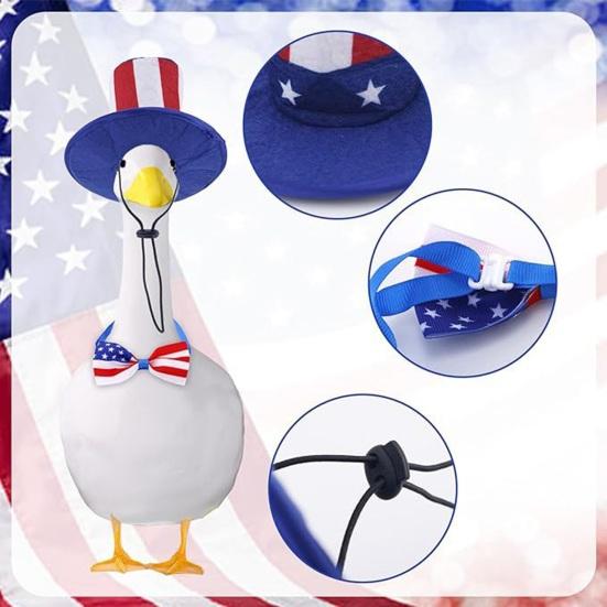 1 Set July 4th Goose Outfits, Patriotic Porch Goose Costume, Independence Day Apparel, Stars Stripes Hat Bow Tie for Lawn 23 Inch Goose Statue