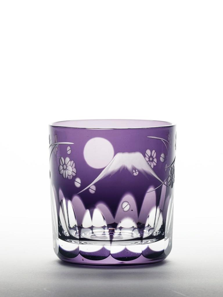 Glass Studio Saiho Edo Kiriko Shochu Glass, Rocks Glass, Tumbler Glass, Sake Cup, Purple with Fuji and Cherry Blossom Design, Made In Japan, Wooden
