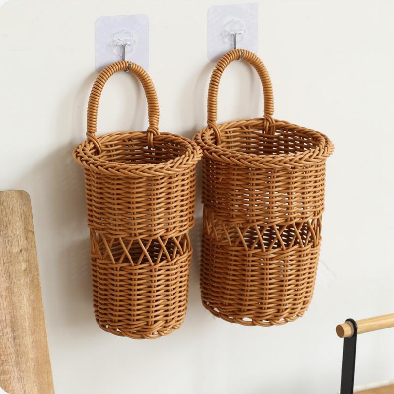 Rattan Weaving Chopstick Cage Wall Mounted Simulated Flower Decoration Hanging Basket Kitchen Tableware Storage Holder