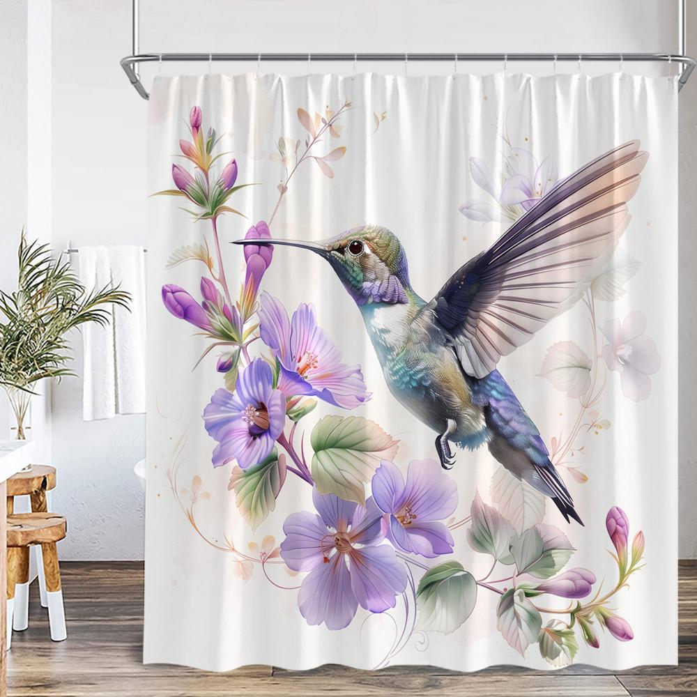 Bird Animal Shower Curtain Huumingbird Flower Floral Plant Classical Bathroom Decor Spring Autumn Polyester Bath Curtain with Ho