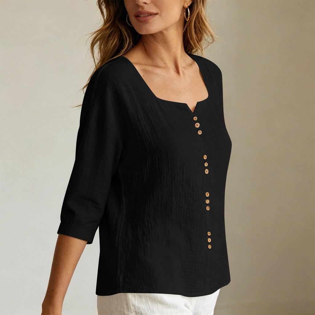 Women's V-Neck Three-Quarter Sleeve Button Down Blouse for Work in Cotton Linen