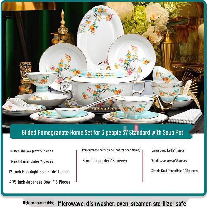 Hanyou Pomegranate Garden 37-Piece Bone China Dinnerware Set