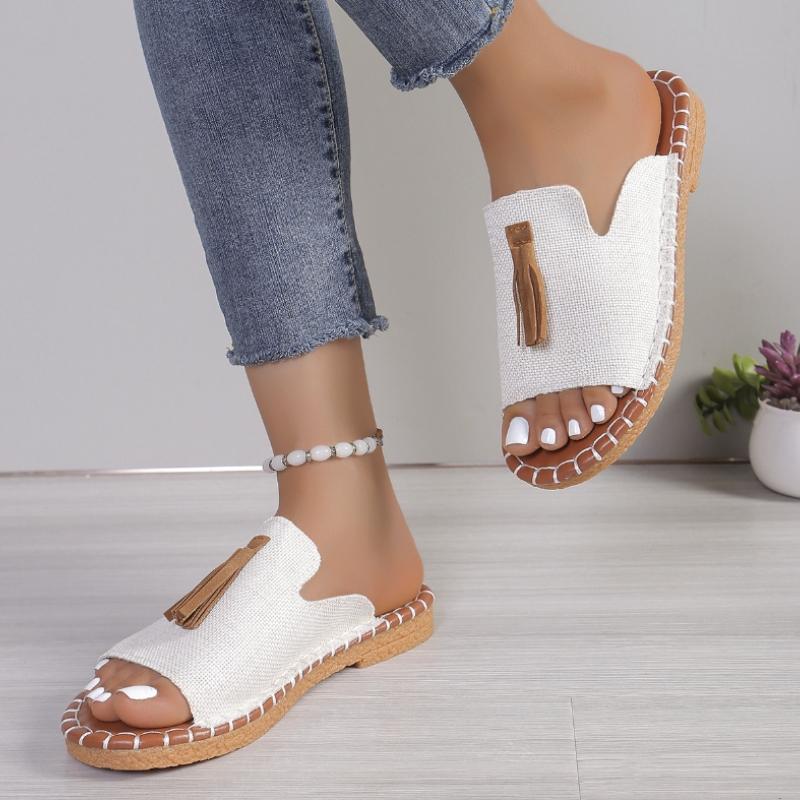 Damen Quasten-Dekor Pantoletten Lässige Slipper Flache Sommerschuhe Leichte Pantoletten