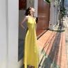 French temperament V-neck yellow plaid waist thin neck dress Thailand seaside travel holiday dress women