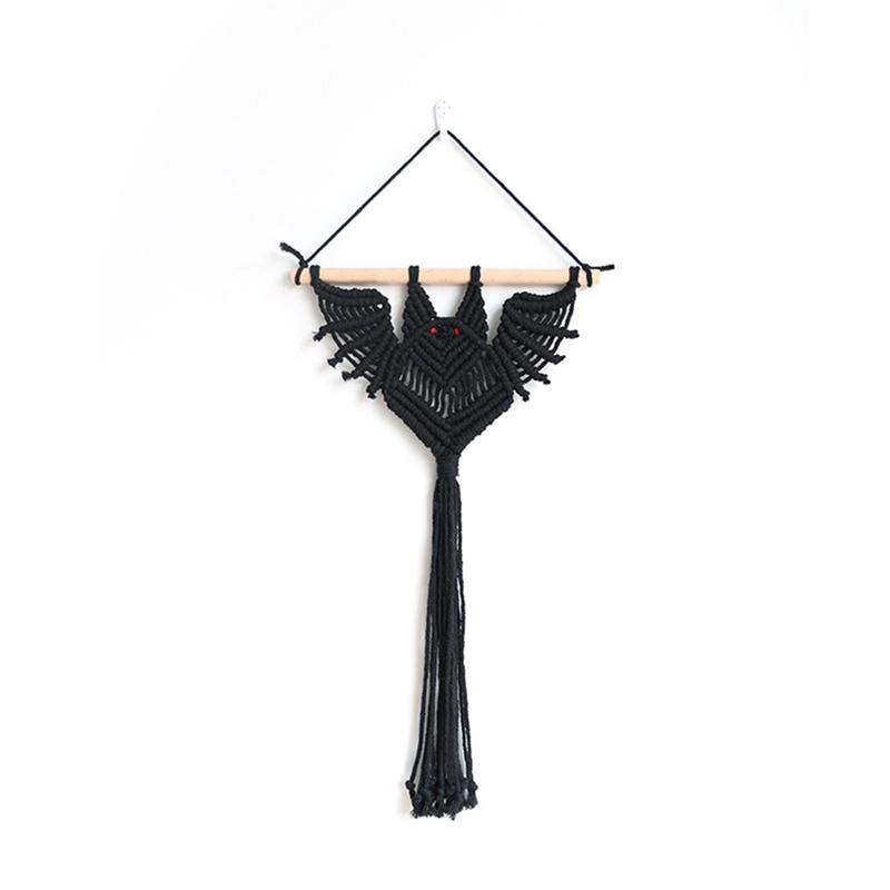 Halloween Bat Macrame Wall Hanging Geometric Art Decor Handmade Woven Gothic Ornament For Bedroom Black Durable Easy Install