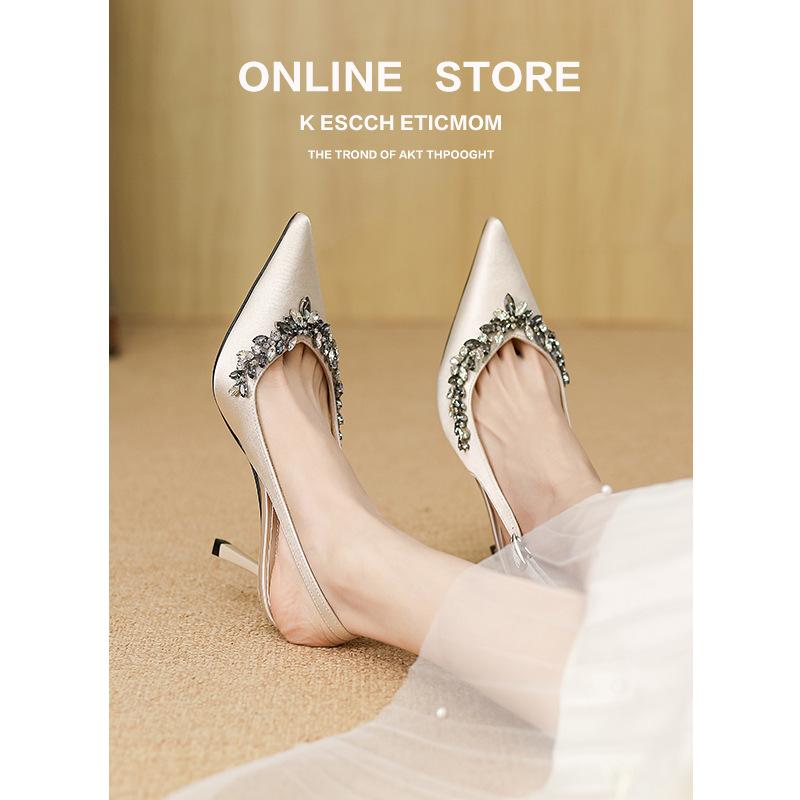 -B new pointed front bag rear empty fairy satin high heels thin heel rhinestone temperament single shoes woman