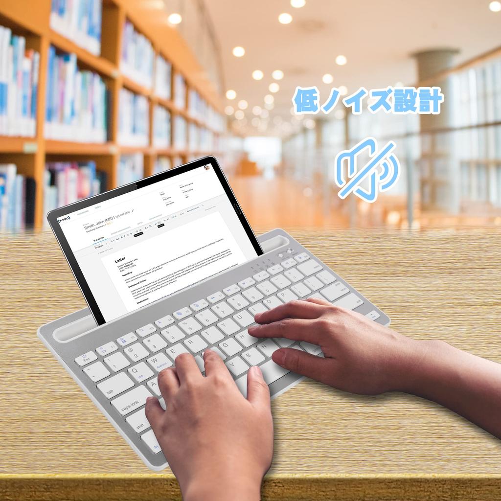 USB Rechargeable Bluetooth Wireless Keyboard for iPad and Connects to Two Features Stand English Compatible with and Silver Tablets, Devices,