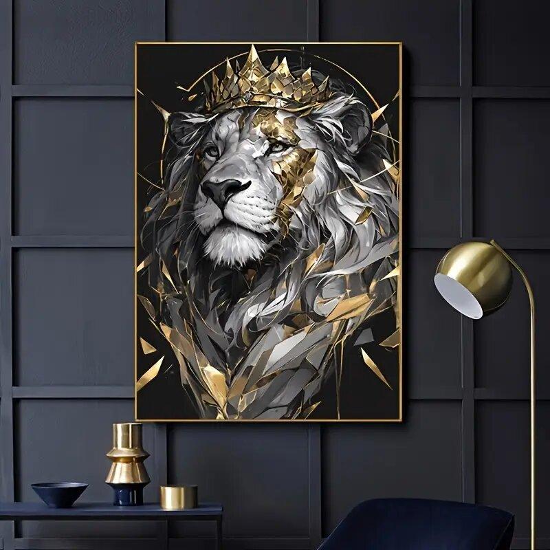 A Canvas Painting Of A Lion With A Golden Crown And Geometric Patterns - Wall Home Decoration   Suitable For Homes And Offices