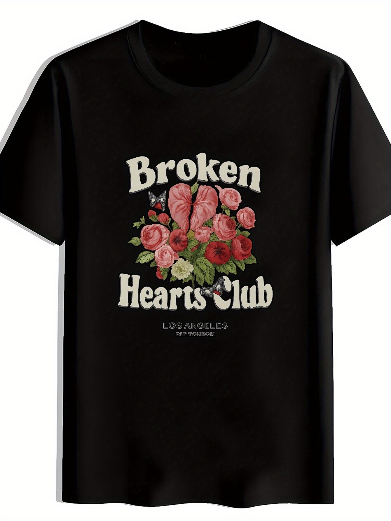 

Vintage Rock Band Graphic T-shirt - Black Short Sleeve Crew Neck Tee with Broken Hearts Club Design L