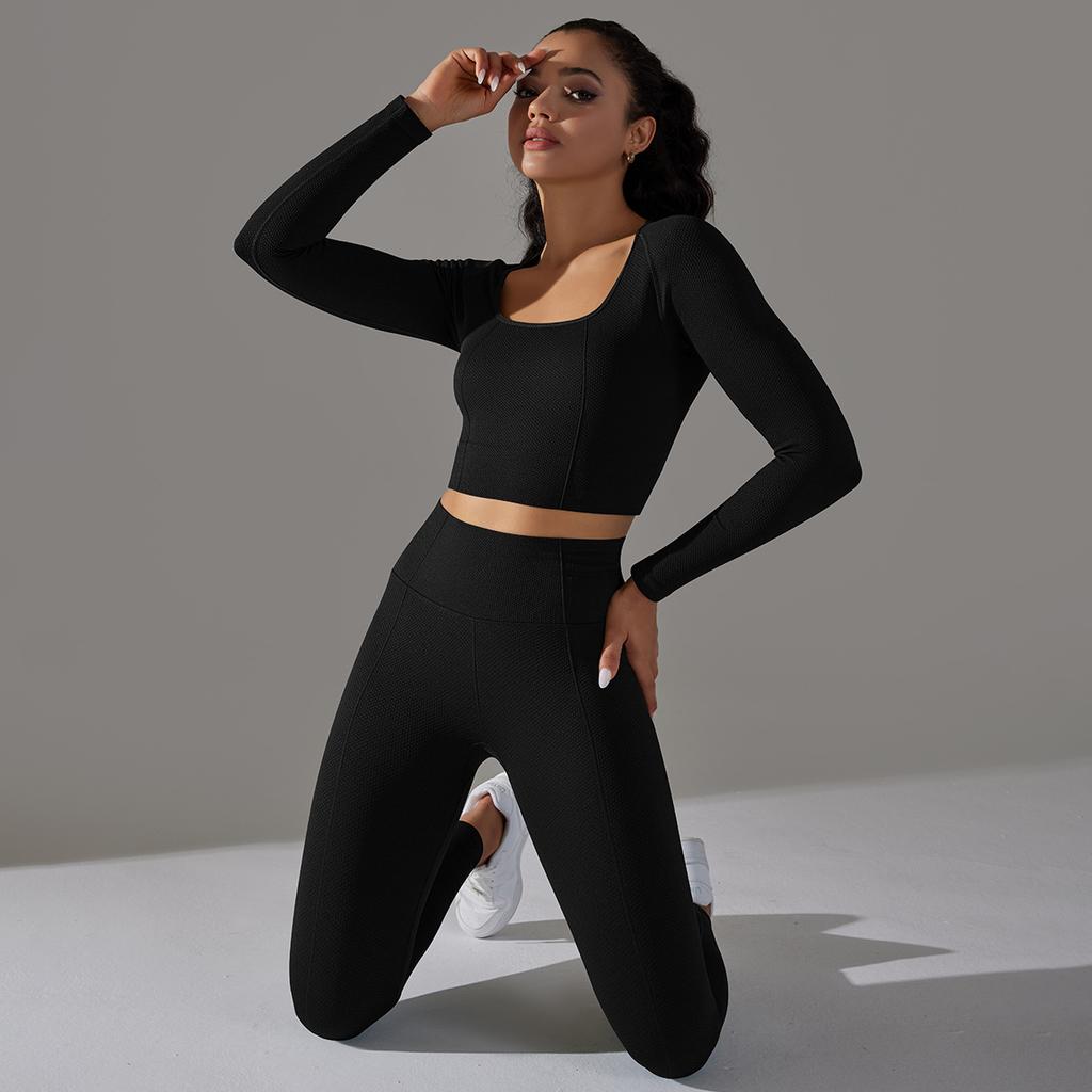 Seamless Knitted Long Sleeved Sports And Fitness Pants, Quick Drying Jacquard Breathable Hip Lifting Running Yoga Suit Set