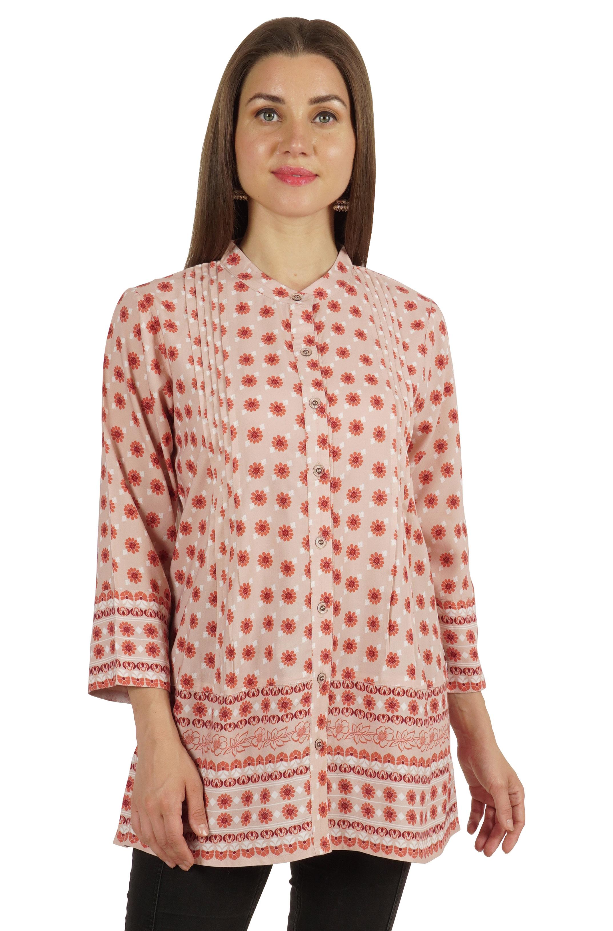 

Moomaya Повсякденна довга сорочка-туніка з принтованим мандариновим коміром XXL персиковий