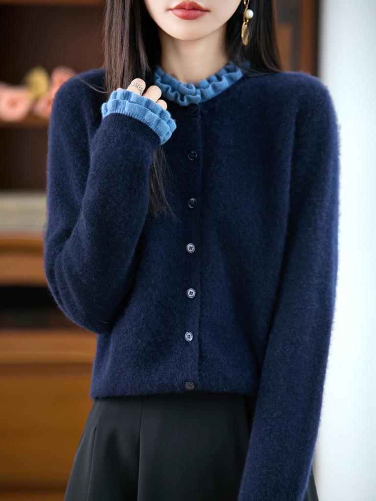 Women's 100% Pure Wool Ruffle Edge Cardigan - Autumn Loose Knit Cashmere Sweater