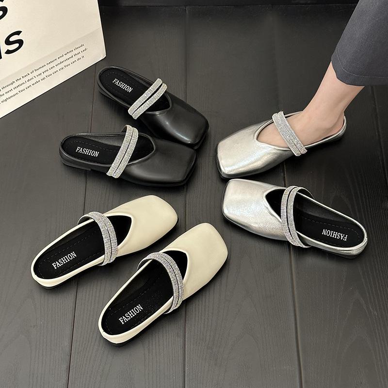 Women Baotou Half Slippers French Square Head Flat-bottomed Slipper Lightweight PU Leather Casual Slippers Women's Muller Slides