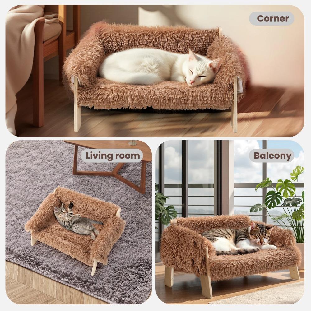 Large Cat Bed Sturdy Wooden Leg Raised Plush Cat Sofa Bed Kitten Bed for Indoor Cats - Soft Cat Couch