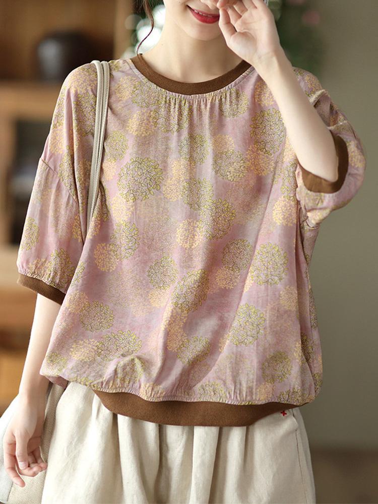 Johnature Women Vintage TShirts Tops Print Polka Dot Short Sleeve Tees Summer Casual Tshirts